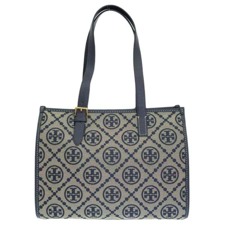 TORY BURCH T Monogram Jacquard Fabric With Leather Tote Bag, Shopping Bag, Shoulder Bag, Handbag Small