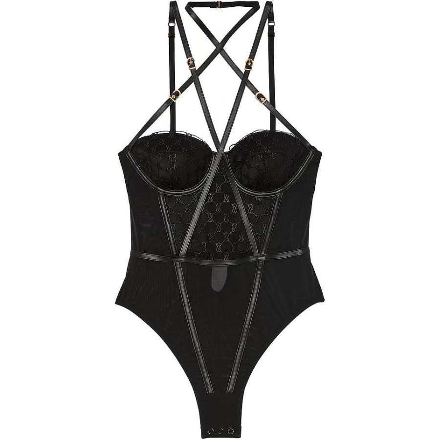 Victoria's Secret Very Sexy VS Logo Embroidery Balconette Faux Leather Trim/ Jumpsuit Women's Black