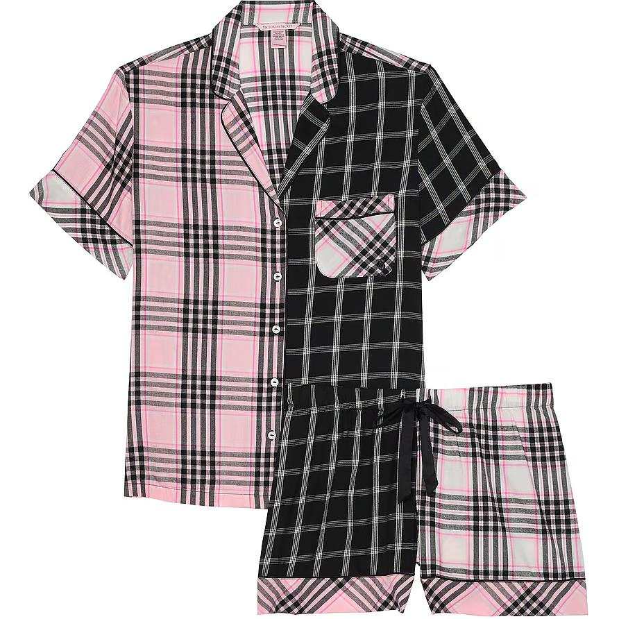 Victoria's Secret Flannel Short Pajama Set/Pink & Black Plaid Pajama Set Women's Black Pink