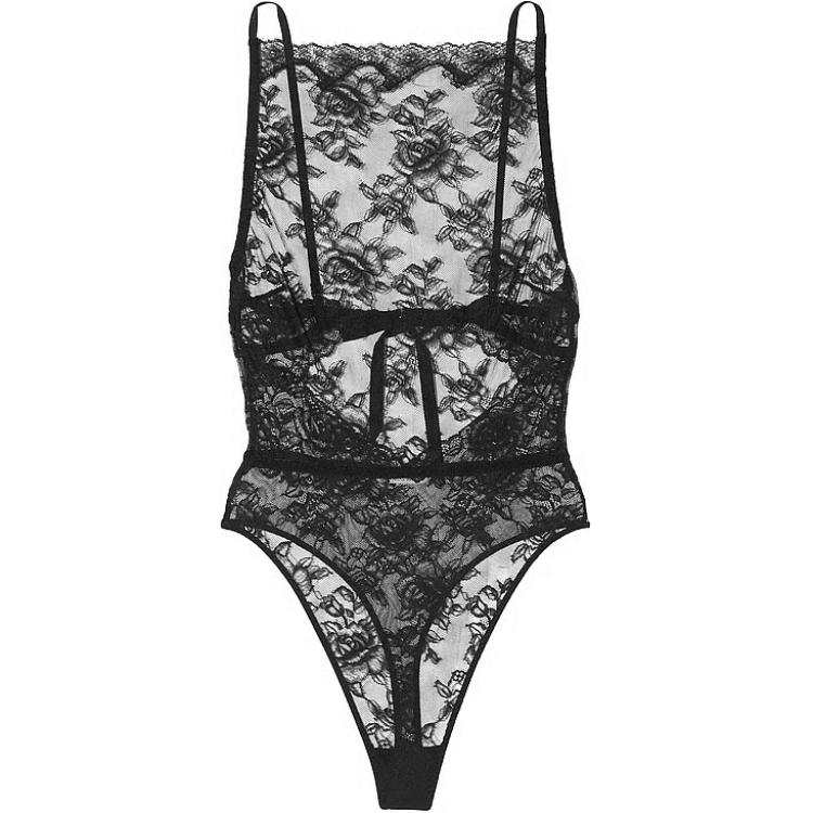 Victoria's Secret Rose Lace High Neck Teddy/BLACK Jumpsuit Women's Black
