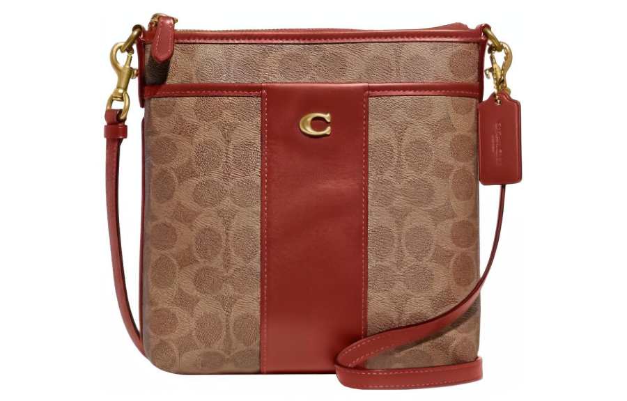 COACH Kitt Coated Canvas With Refined Calfskin Shoulder Bag, Crossbody Bag Small Women's Cinnamon & Brown