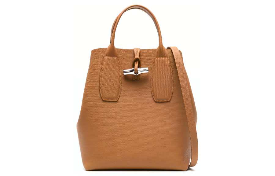 LONGCHAMP Le Roseau Cow Leather Tote Bag, Shopping Bag, Shoulder Bag, Handbag Medium Women's Caramel Brown