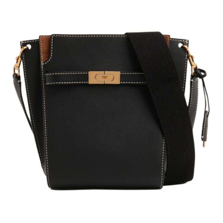 TORY BURCH Lee Radziwill Leather With Suede Trim Bucket Bag, Shoulder Bag, Crossbody Bag Women's Black