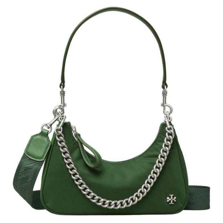 TORY BURCH MERCER Recycled Nylon With Leather Trim Crescent Bag Portable Crossbody Bag Shoulder Bag Women's Dark Green