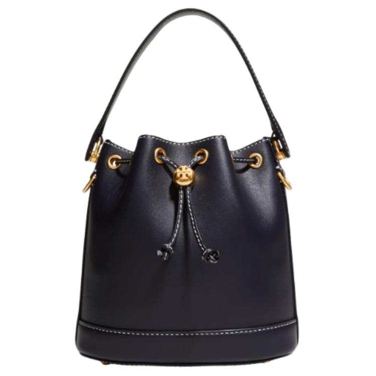 TORY BURCH T Monogram Leather Bucket Bag, Crossbody Bag, Handbag Women's Marine Dark Blue Black Gold