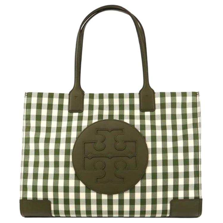 TORY BURCH Ella Canvas With Leather Tote Bag, Shopping Bag, Shoulder Bag, Handbag Large Women's Olive Green & White