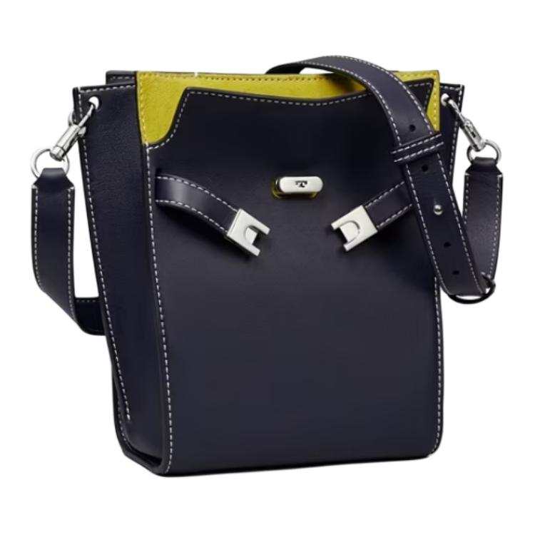 TORY BURCH Lee Radziwill Leather With Suede Trim Bucket Bag, Shoulder Bag, Crossbody Bag Women's Marine Blue