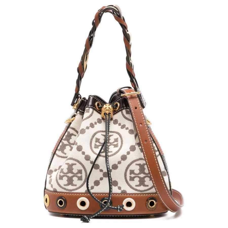 TORY BURCH T Monogram Cow Leather With Suede Bucket Bag, Portable Crossbody Bag, Shoulder Bag Women's Ivory White