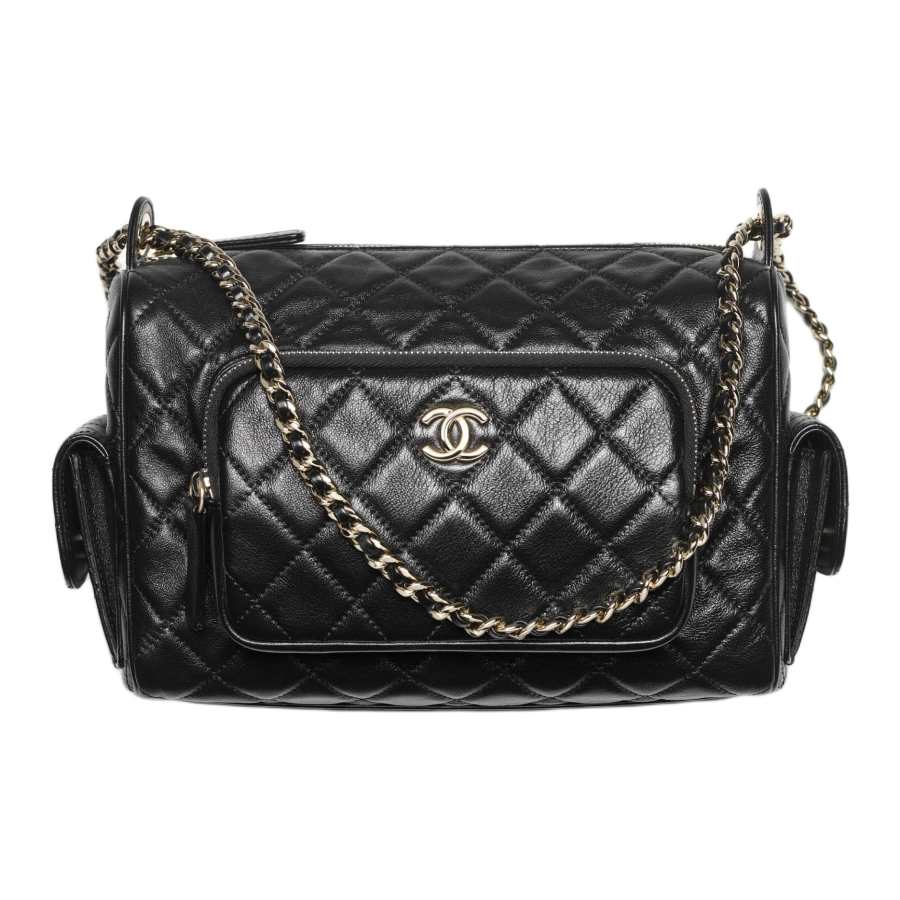 CHANEL Pleated Lambskin & Gold Metal Camera Bag, Shoulder Bag, Crossbody Bag Women's Black