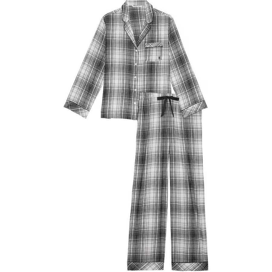 Victoria's Secret Flannel Long Pajama Set/Black & White Plaid Pajama Set Women's Gray