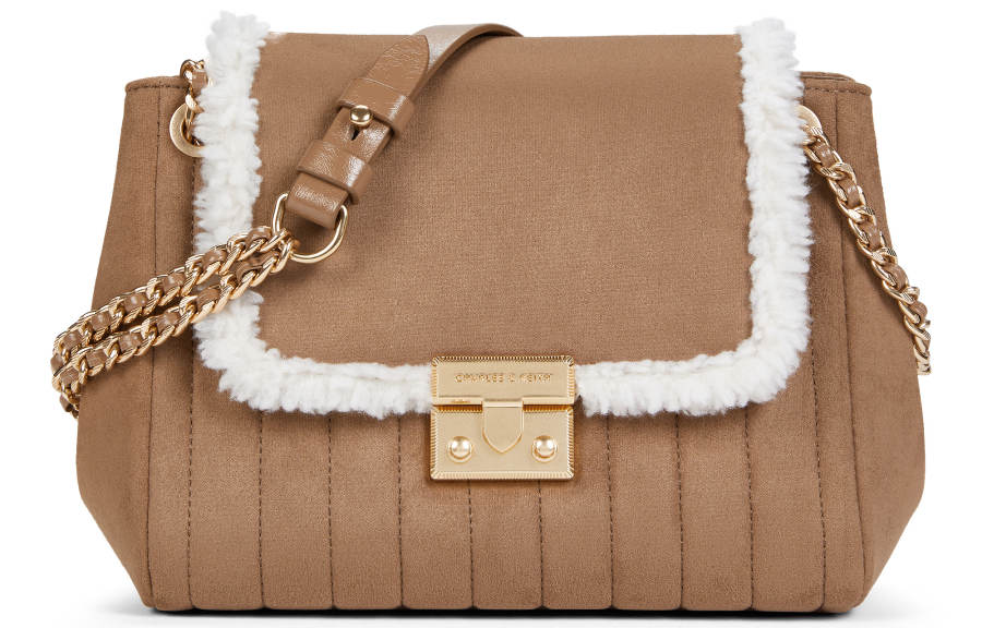 CHARLES&KEITH PU, Textile Mixture Shoulder Bag Medium Women's Tan Tea Brown