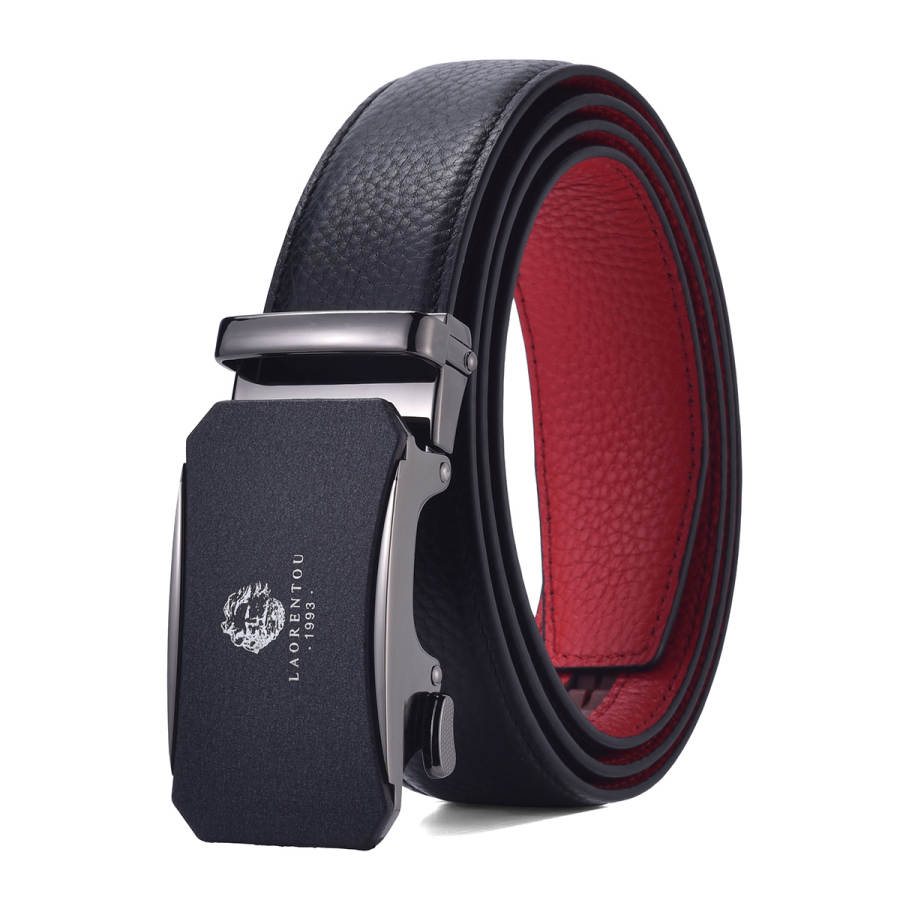 LAORENTOU LAORENTOU Top Grain Cow Leather Belts Men's Black Outer Red Inner 3.5cm