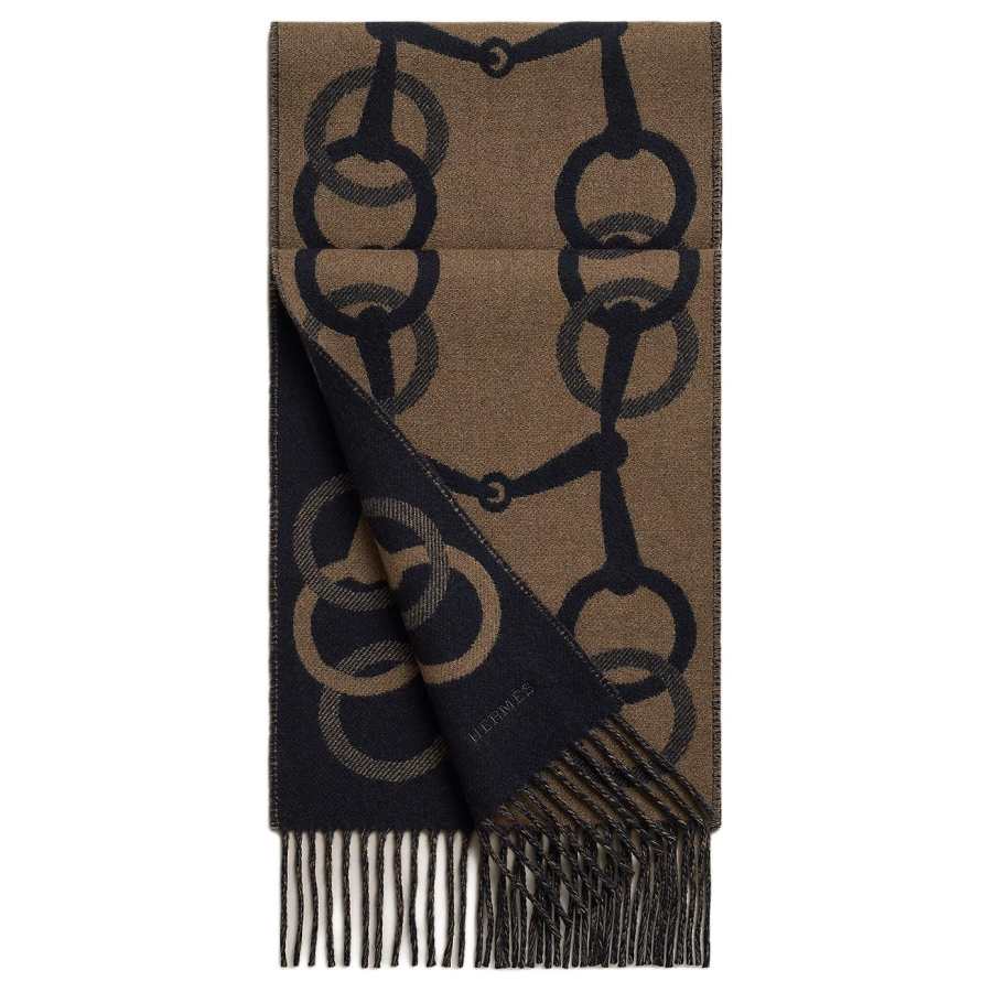 HERMES Cashmere Knit Scarves Men's Marine Blue/Elephant Gray