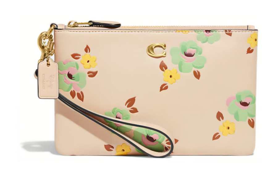 COACH Wristlet Cow Leather Wrist Bag Clutch Small Women's Beige Yellow