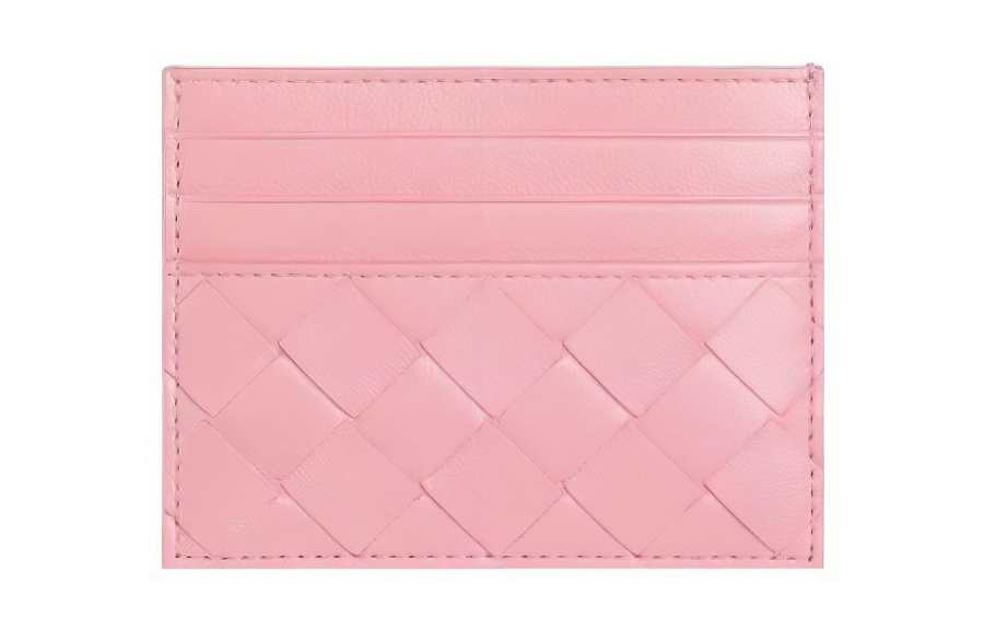 Bottega Veneta Intrecciato Sheepskin With Cow Leather Card Holder Women's Ribbon Powder