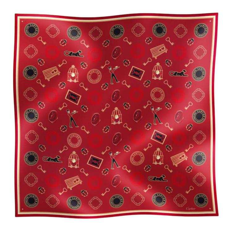CARTIER Patterned Print Silk Scarves Unisex Burgundy