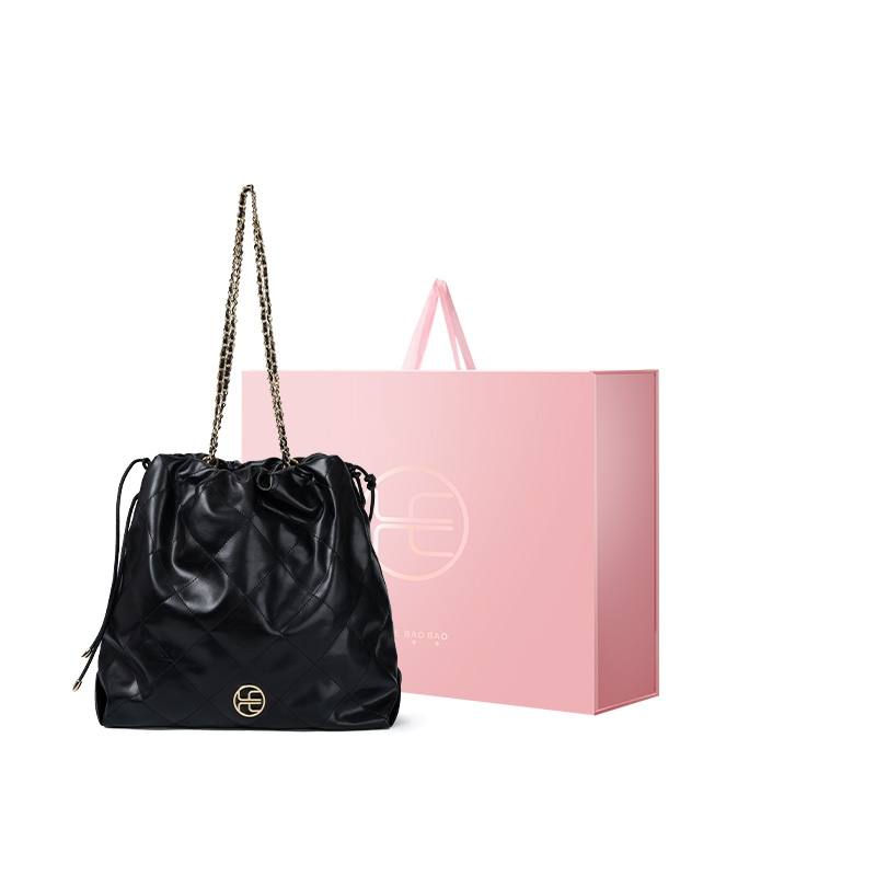 HE BAO BAO Microfiber Synthetic Leather Bucket Bag, Shoulder Bag Women's Black Gold