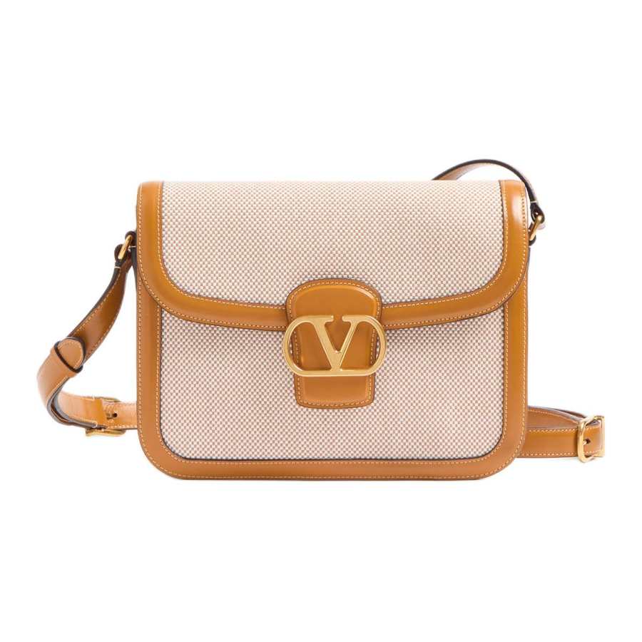 Valentino Garavani Canvas Shoulder Bag, Crossbody Bag Women's Beige & Gold Brown