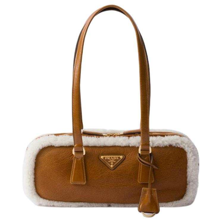 PRADA PRADA Shearling Handbag, Shoulder Bag Medium Women's Cognac Brandy Blend With Natural
