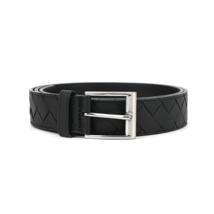 Bottega Veneta Brass Lambskin Leather Belts Men's Black Width 3.5cm