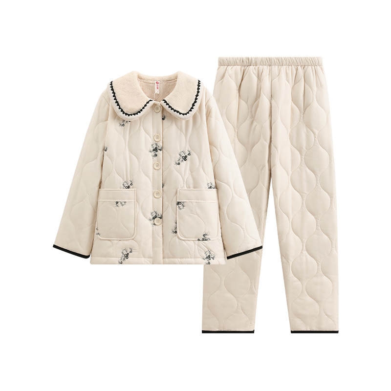 FENTENG Thermal Fleece Lined Anti Static Comfortable Skin Friendly Pajama Set Women's Ecru