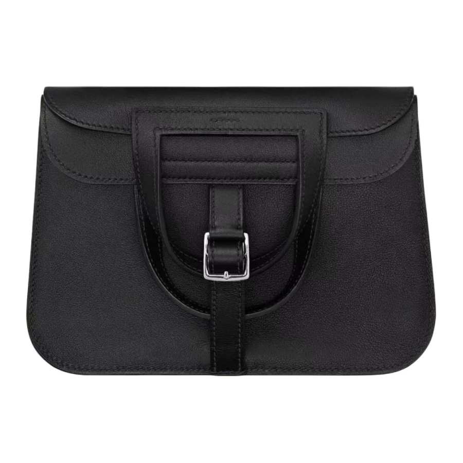 HERMES Halzan Swift Leather Horseshoe Bag, Portable Crossbody Bag, Shoulder Bag Mini Unisex Mist Gray & Black