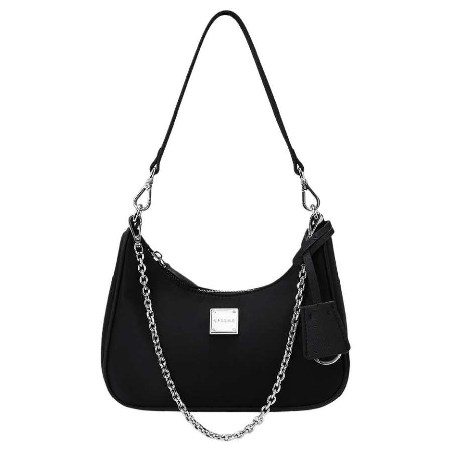 CASSILE Synthetic Leather Crescent Bag, Chain Shoulder Bag, Crossbody Bag Small Women's Black