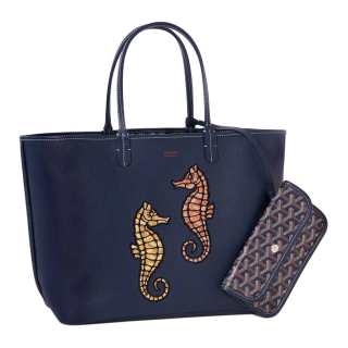 GOYARD Anjou Calfskin With Canvas Dog's Teeth Tote Bag, Shopping Bag, Shoulder Bag, Handbag Small Women's Marine Blue