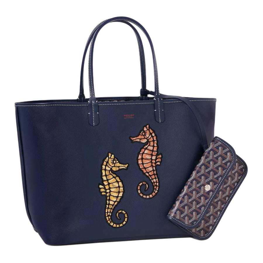 GOYARD Anjou Calfskin With Canvas Dog's Teeth Tote Bag, Shopping Bag, Shoulder Bag, Handbag Small Women's Marine Blue