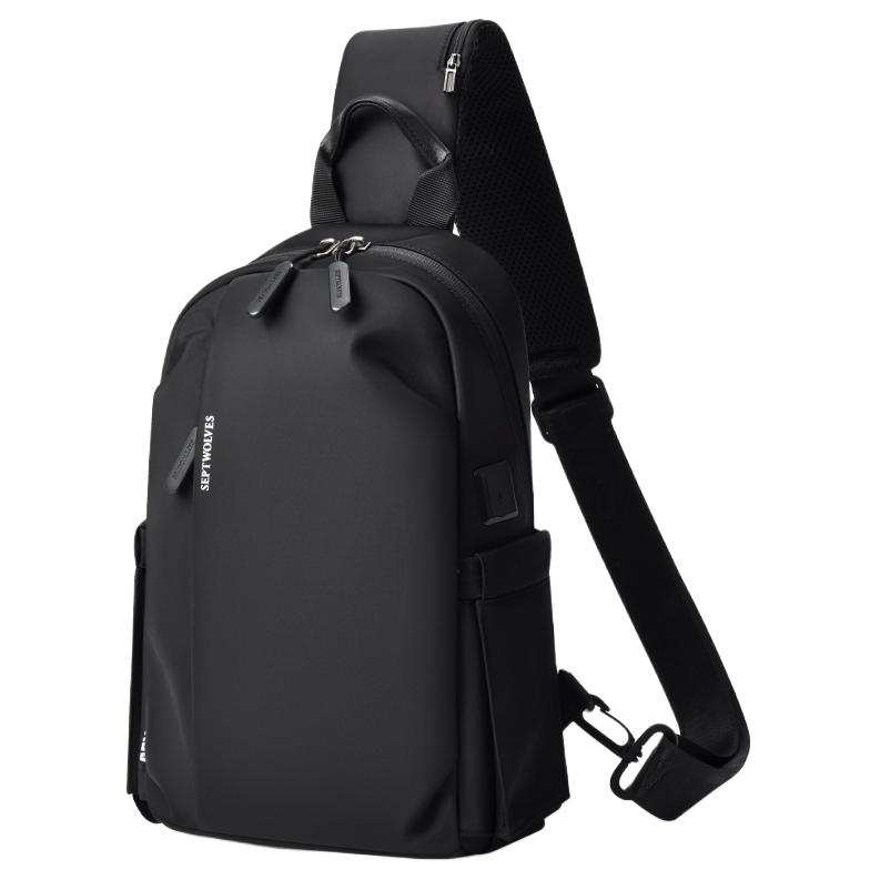 SEPTWOLVES Fabric Shoulder Bag, Crossbody Bag Large Men's Black/Black Glossy Finish/Gray Shiny