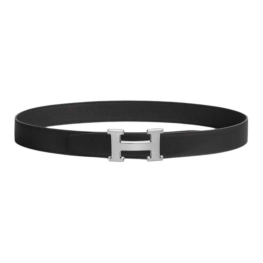 HERMES H Belt Buckle Metal Calfskin, Brushed Palladium Leather Belts Men's Width 3.2cm