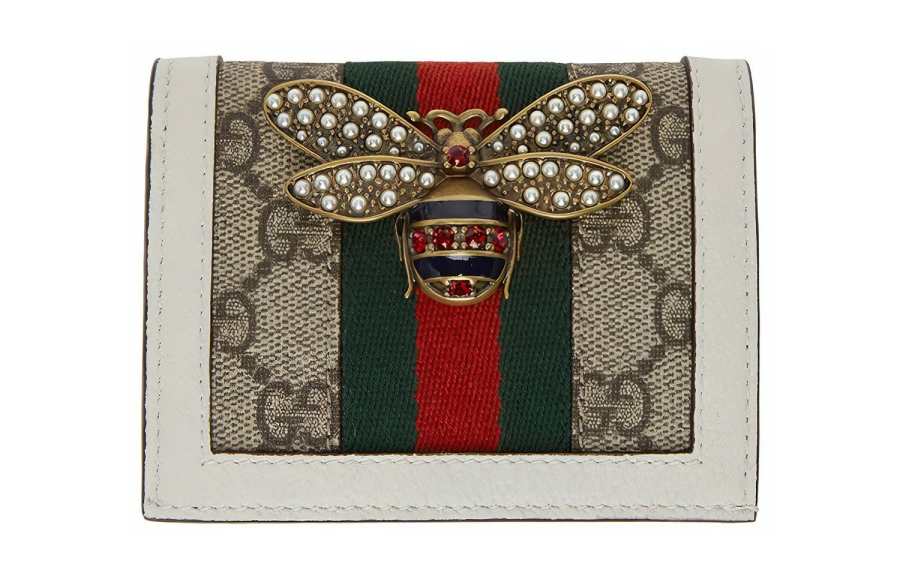 GUCCI Marmont Canvas With Leather Card Holder, Wallet Women's Khaki