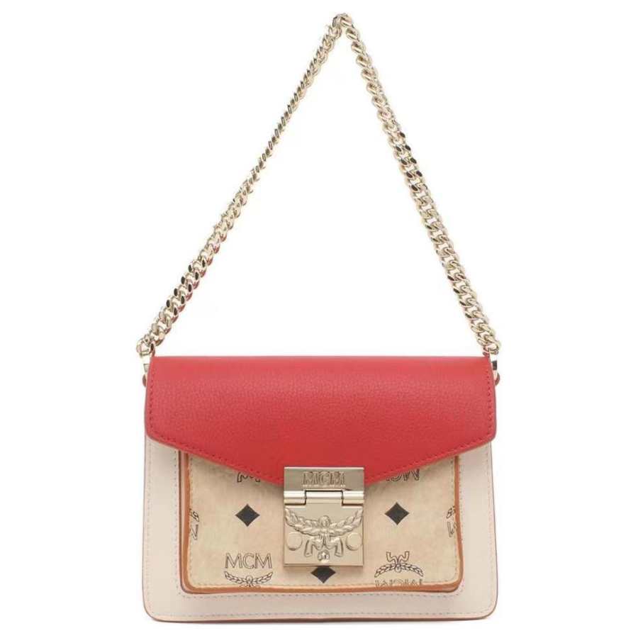 MCM Patricia Visetos Canvas Trunk Bag, Shoulder Bag, Crossbody Bag Mini Women's Red Beige Multicolor