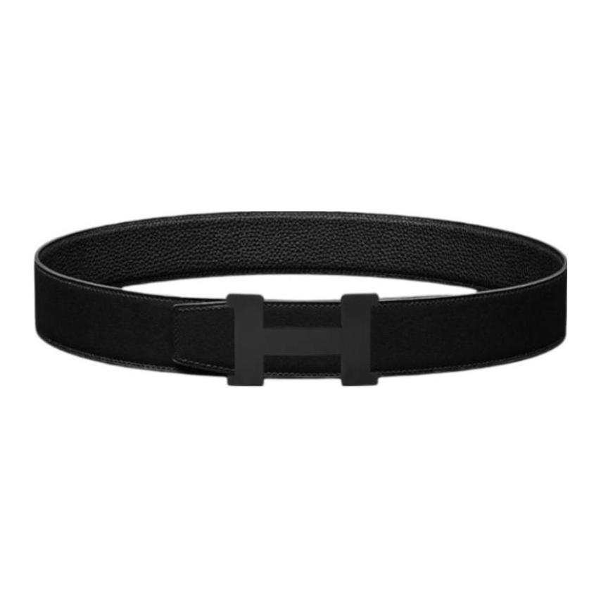 HERMES HERMES Brand Logo Cow Leather Belts Men's Black Width 3.8cm