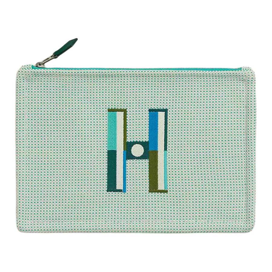 HERMES Cotton Storage Bag Clutch Small Unisex Cloud White & Mint Green