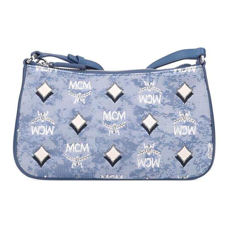 MCM Aren Canvas Leather Patchwork Crossbody Bag Small Women's Blue