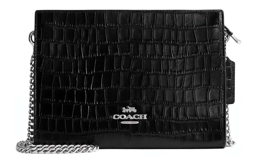 COACH Crocodile Embossed Leather Shoulder Bag, Crossbody Bag Small Women's Black
