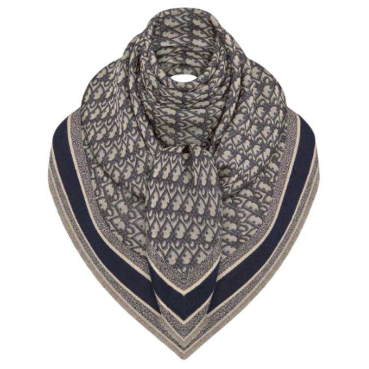 DIOR DIOR Brand Logo Wool Silk Shawls Unisex Marine Blue