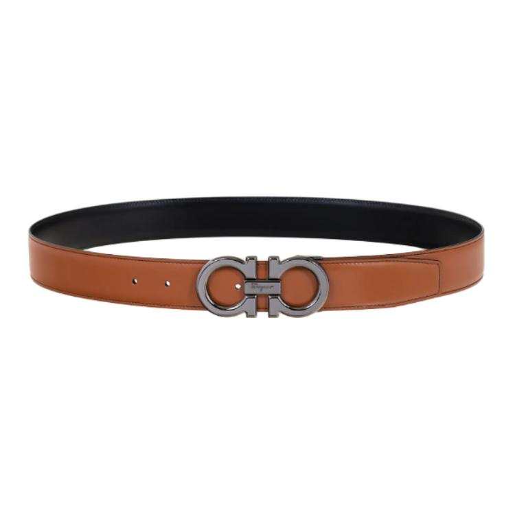 FERRAGAMO Calfskin Leather Belts Men's Brown/Black Width 3.3cm