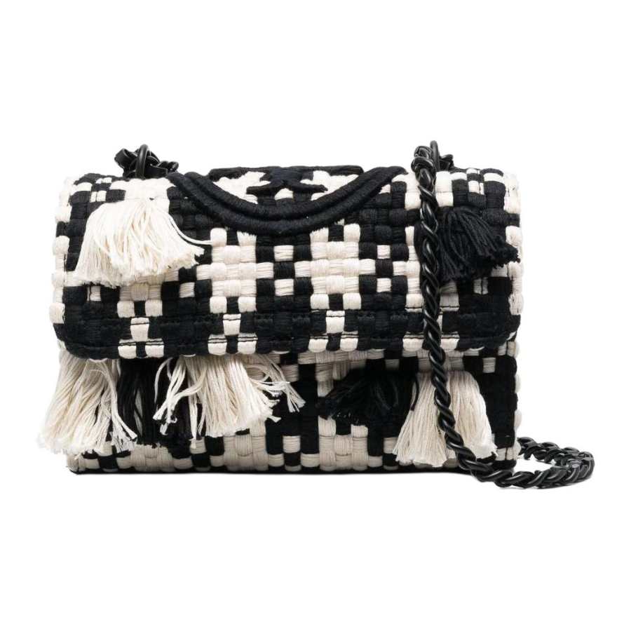 TORY BURCH Fleming Tweed With Leather Trim Handbag, Shoulder Bag Small Women's Black & White