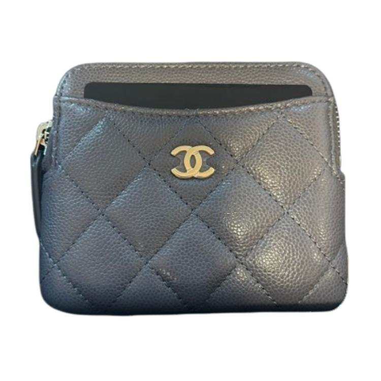 CHANEL Grain Cow Leather Wallet Women's Gray