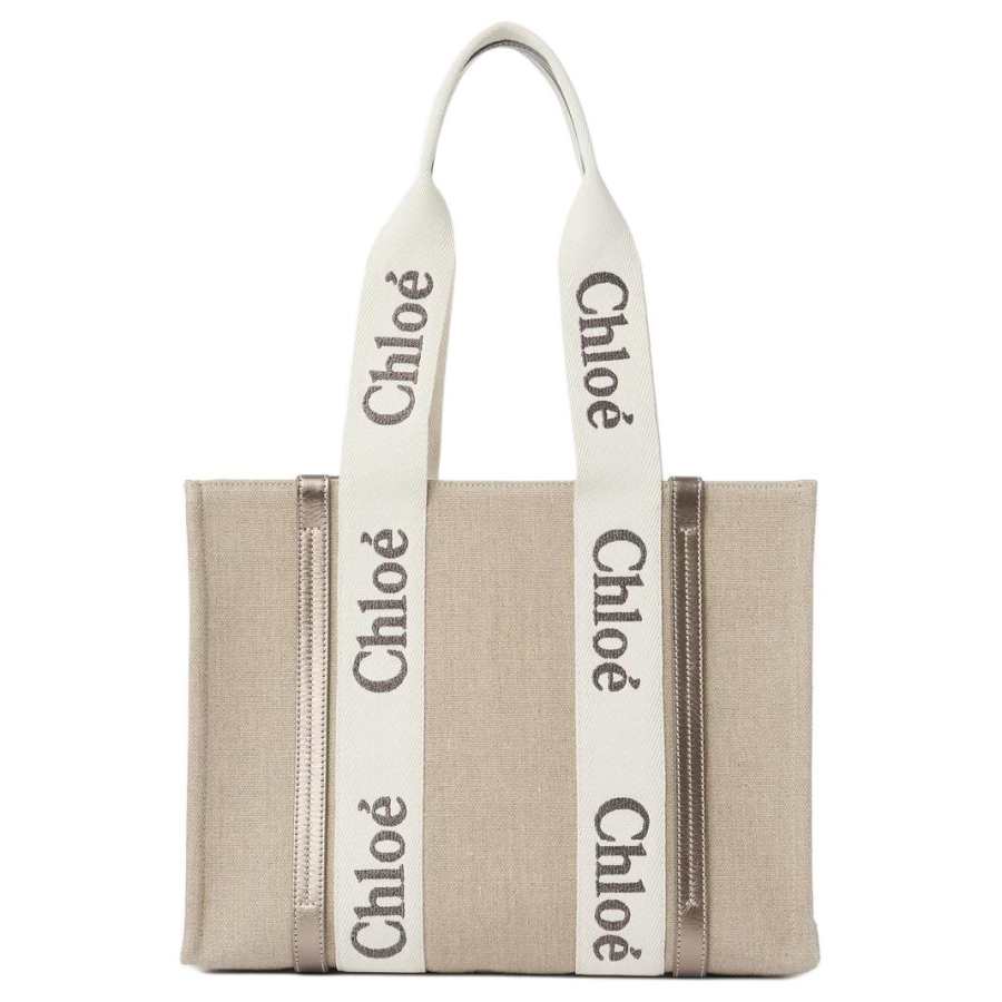 Chloé Chloe Woody Linen Canvas With Leather Tote Bag, Shopping Bag, Handbag Regular Women's Bright Gray