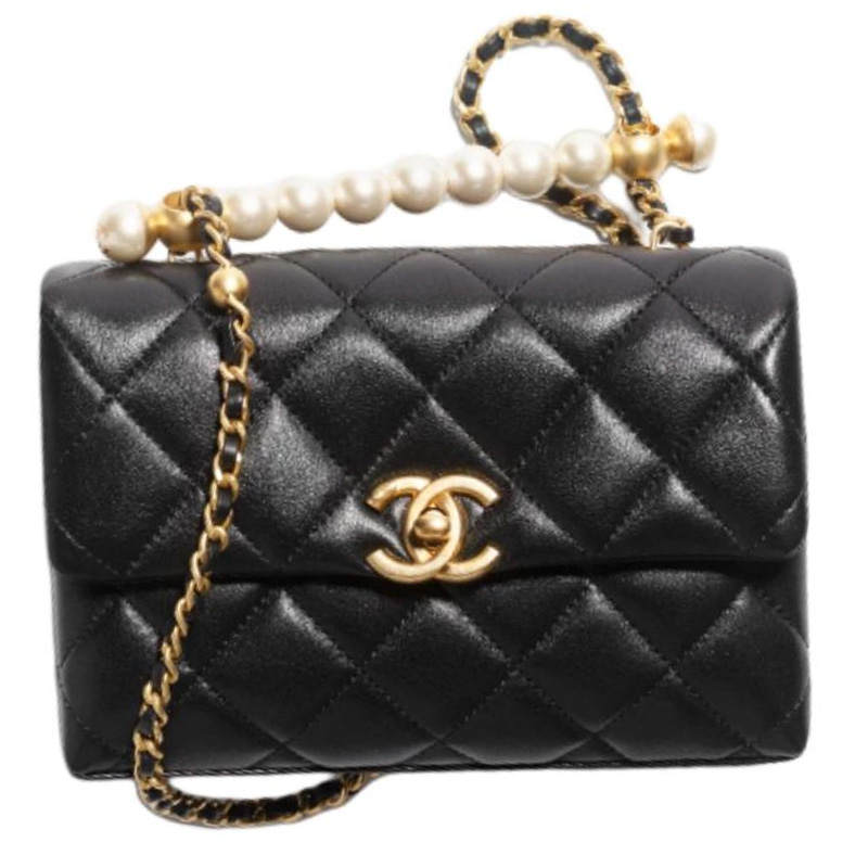 CHANEL Artificial Pearl Shiny Lambskin Flap Bag, Portable Crossbody Bag, Shoulder Bag Mini Women's Black