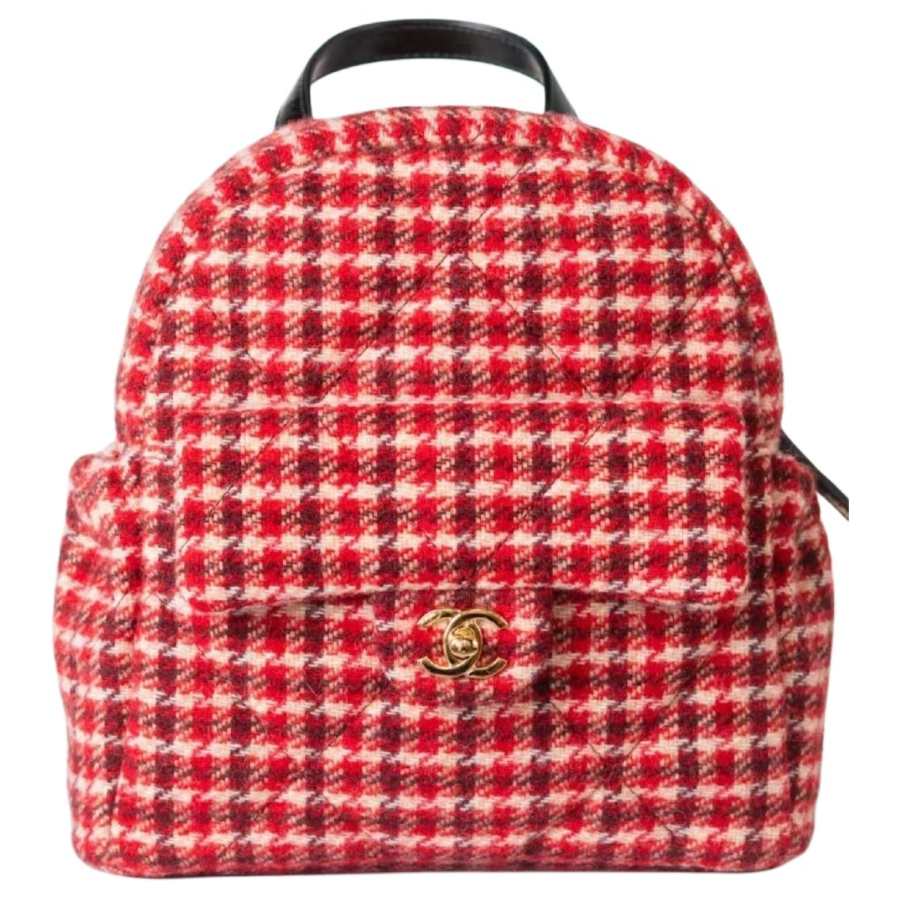 CHANEL Soft Tweed Material Gold Metal Backpack Women's Red White