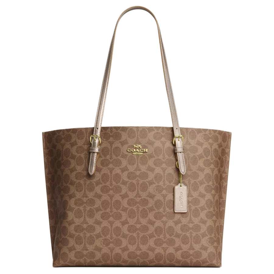COACH Mollie Coated Canvas Tote Bag, Shopping Bag, Shoulder Bag, Handbag Large Women's Tan & Light Champagne