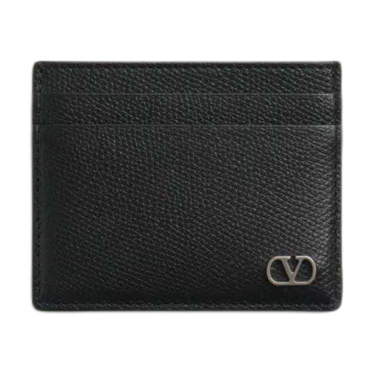Valentino Vlogo Grain Calfskin Card Holder Men's Black