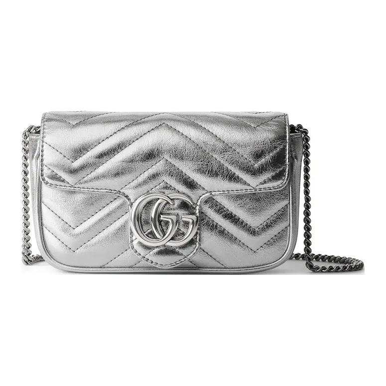 GUCCI Leather Shoulder Bag, Crossbody Bag Mini Women's Silver