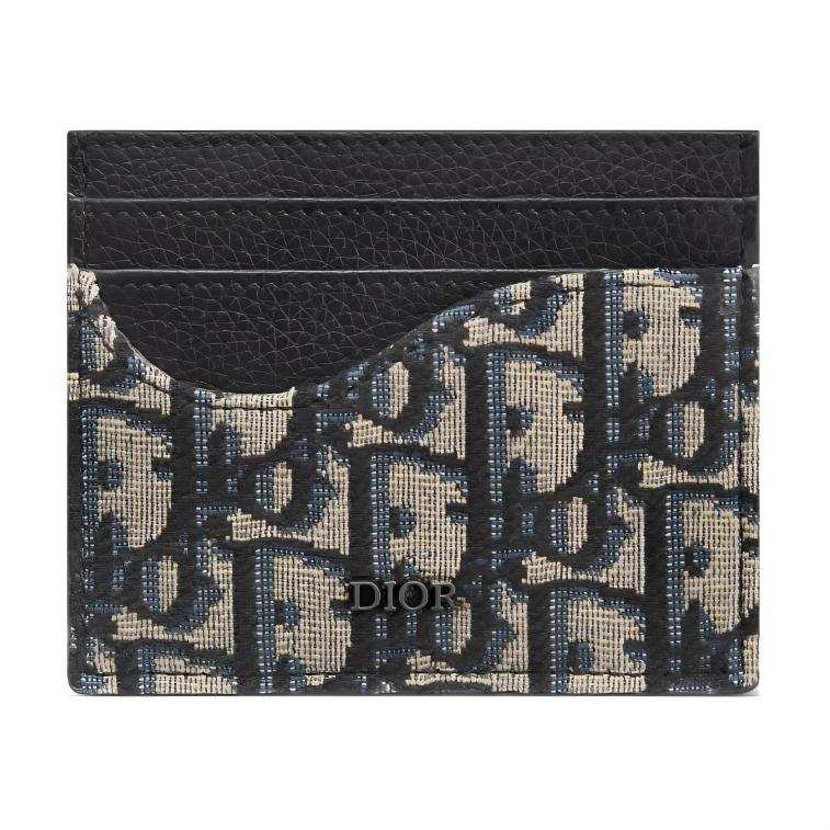 DIOR Saddle Oblique Jacquard Fabric With Grain Calfskin Card Holder Men's Black/Beige