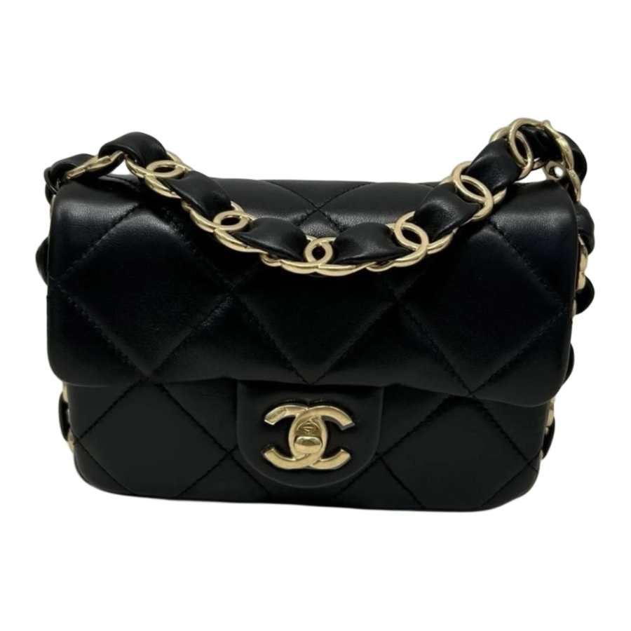 CHANEL Sheepskin Material Vintage Gold Metal Crossbody Bags Women's Black