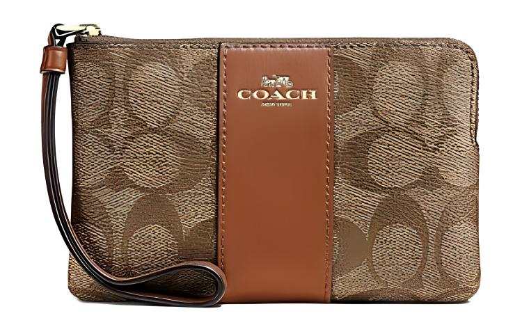 COACH Corner ZipWristlet Artificial Leather Clutch Small Women's Khaki & Saddle Brown